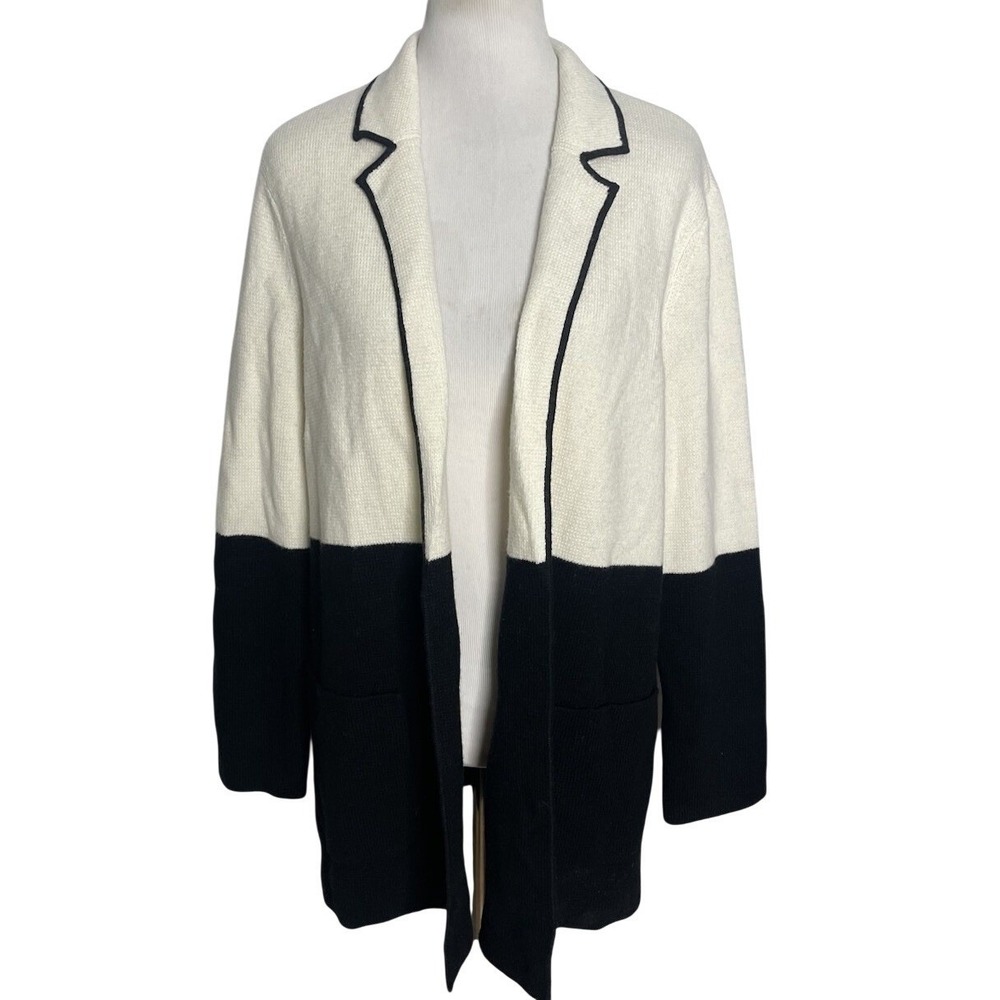 Talbots Cardigan Sweater  Colorblock Cream Black  Wool Blend Open Front NWT M
